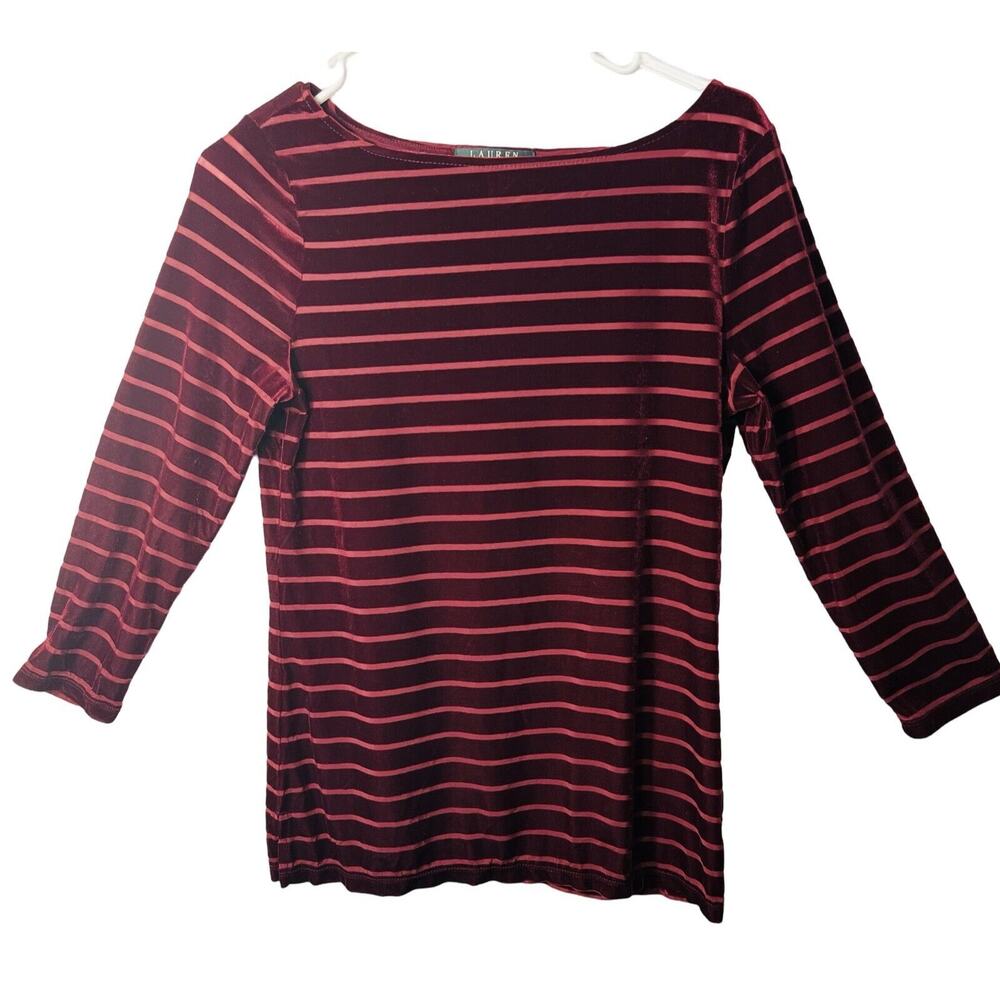 Lauren Ralph Lauren Top Size M Petite Velvet Sheer Stripe Stretch 3/4 Sleeve MP